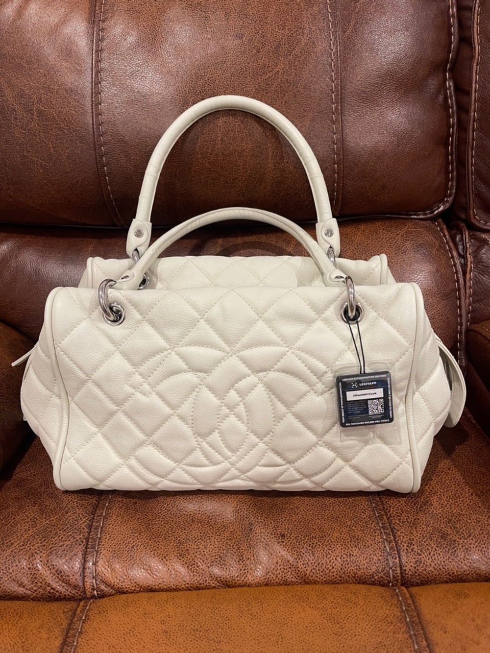 Authentic Chanel White Caviar Leather Timeless Bowler Shoulder Bag